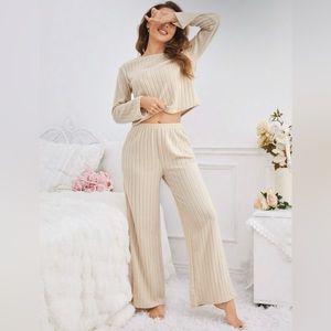 Beige Ribbed Lettuce Trim Long Sleeve Pant Set
